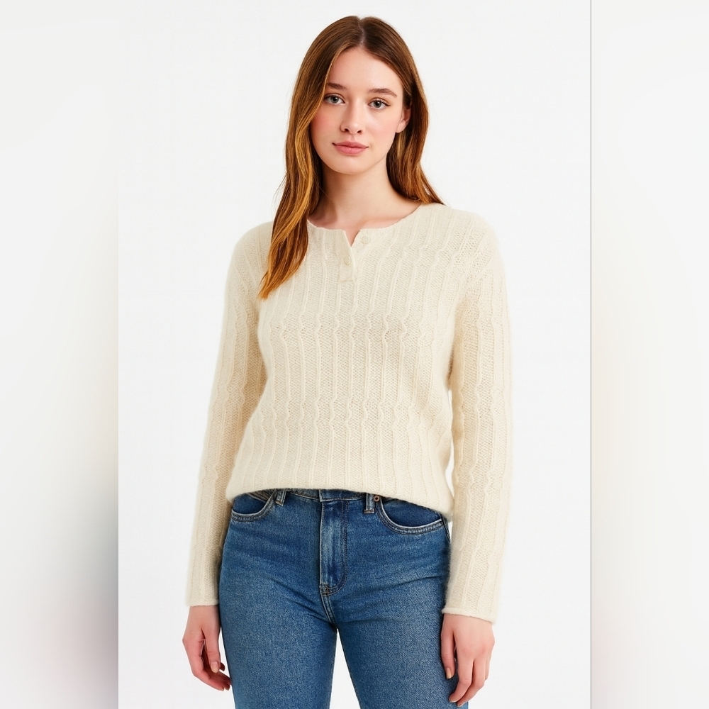 Vintage Limited Lambswool Angora Rabbit Henley Sweater Knit Ivory Womens Medium